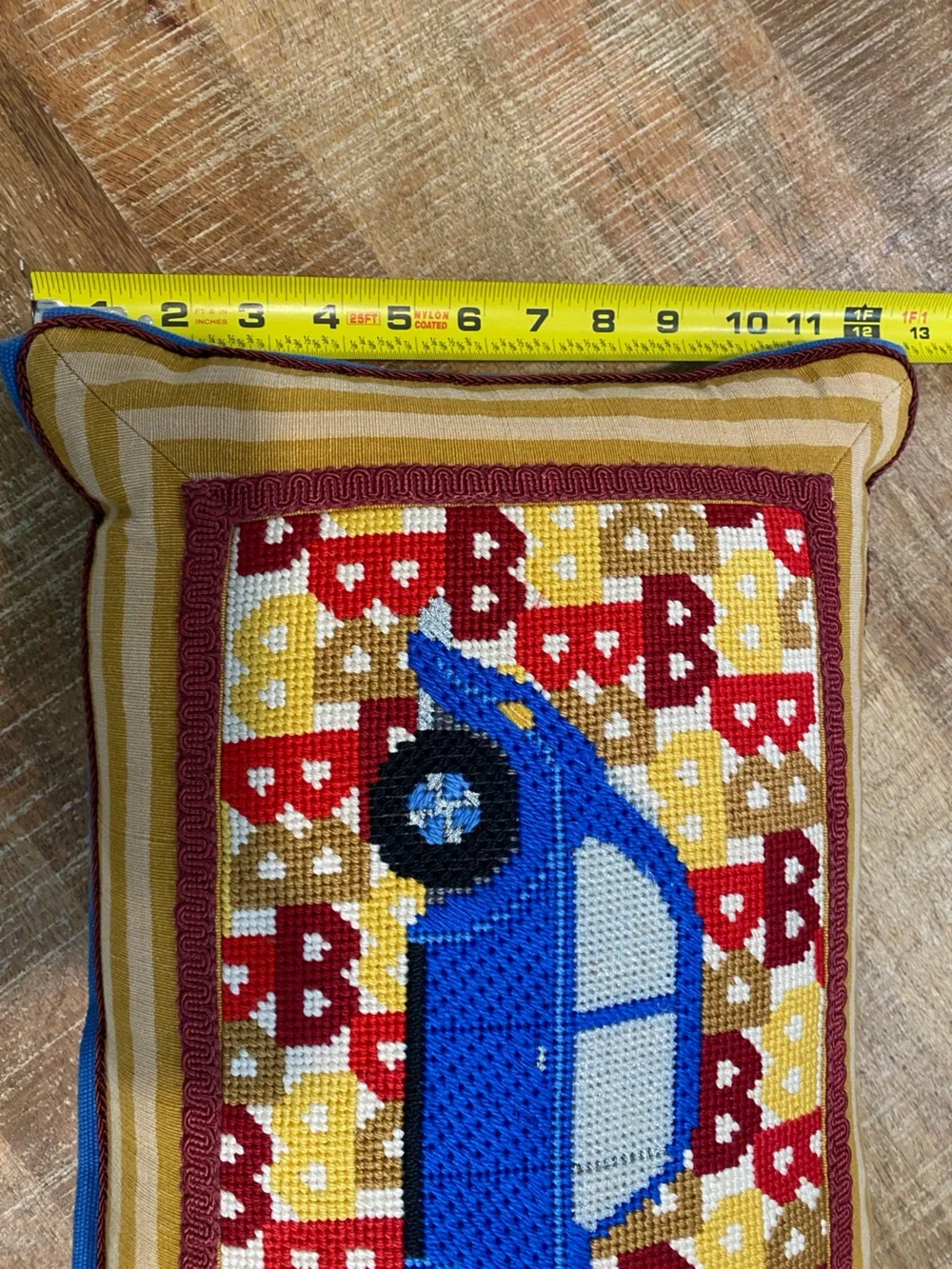 Handmade Blue VW Beetle Car Needlepoint Throw Pillow Goose Down Feather 18”x12”